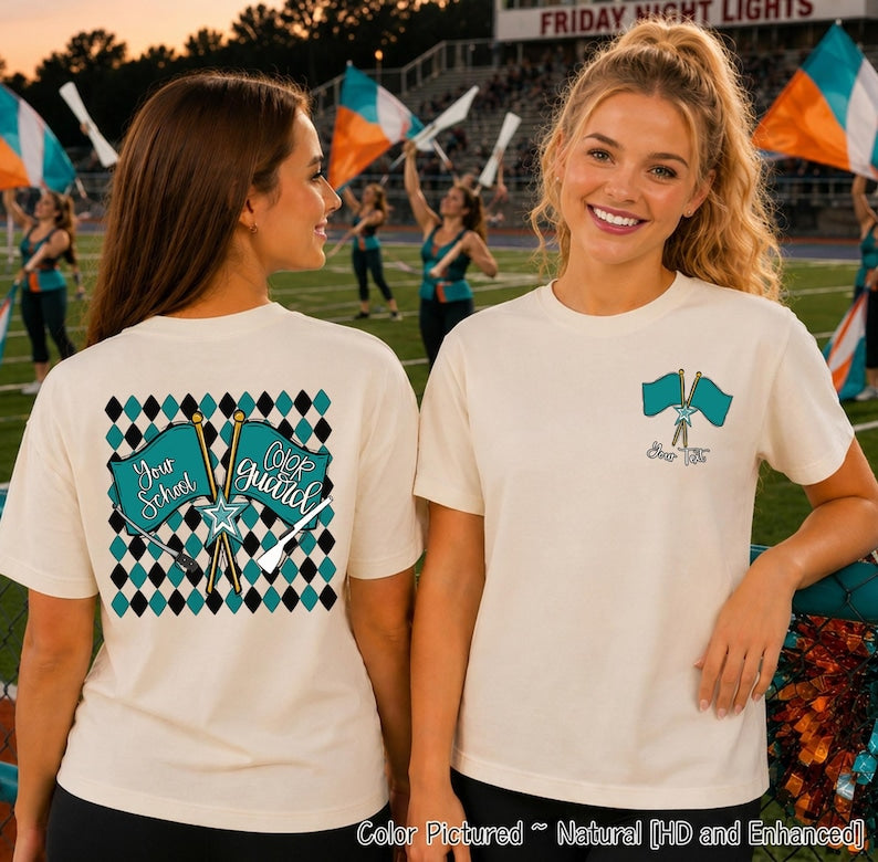 May include: A natural-colored t-shirt featuring a graphic on the back and front. The back displays a black and teal diamond pattern with two crossed teal flags labeled Your School and Color Guard. The front features a small teal flag graphic.
