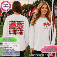 May include: A white long-sleeve sweatshirt featuring a red and black diamond pattern on the back with two red flags and the text Your School and Color Guard. The front left chest displays two small red flags with the text Your Text.