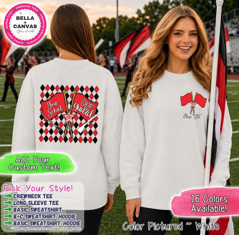 May include: A white long-sleeve sweatshirt featuring a red and black diamond pattern on the back with two red flags and the text Your School and Color Guard. The front left chest displays two small red flags with the text Your Text.