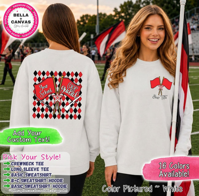 May include: A white long-sleeve sweatshirt featuring a red and black diamond pattern on the back with two red flags and the text Your School and Color Guard. The front left chest displays two small red flags with the text Your Text.
