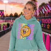 May include: A seafoam green hooded sweatshirt featuring a graphic of a lion with pink star-shaped glasses. The text 