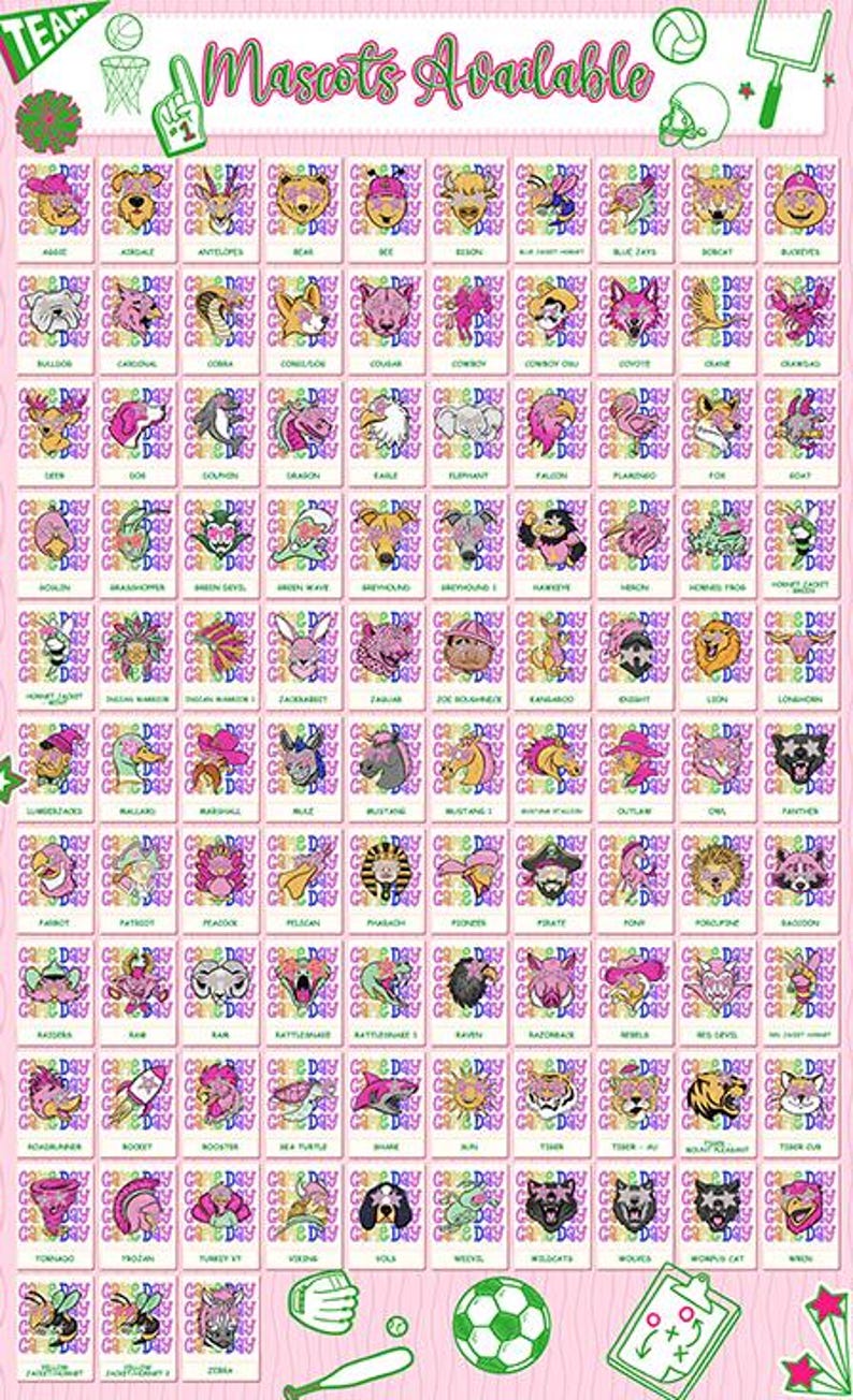 May include: A digital chart titled Mascots Available featuring a grid of small square icons, each displaying a unique animal or character mascot wearing star-shaped glasses with the text Game Day repeated in a colorful, retro-style font.