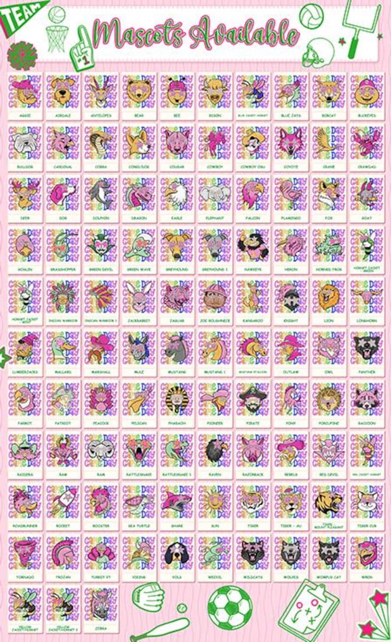 May include: A digital print featuring a grid of 108 individual mascot designs, each labeled with a name and the text Game Day. The background is light pink with sports-themed icons like a basketball hoop, football, and a clipboard.