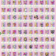 May include: A digital print featuring a grid of 108 individual mascot designs, each labeled with a name and the text Game Day. The background is light pink with sports-themed icons like a basketball hoop, football, and a clipboard.