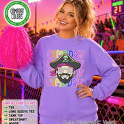 May include: A violet long-sleeve sweatshirt featuring a graphic of a pirate wearing star-shaped sunglasses. The text 