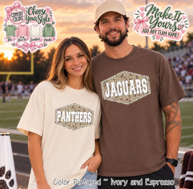 Two short-sleeve crew neck t-shirts. One is ivory with a central hexagonal graphic containing a camouflage pattern and the white text PANTHERS. The other is espresso brown with a matching hexagonal graphic and the white text JAGUARS.