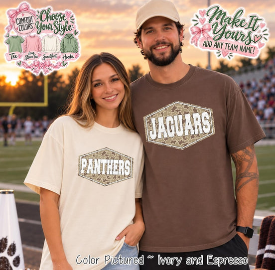 Two short-sleeve crew neck t-shirts. One is ivory with a central hexagonal graphic containing a camouflage pattern and the white text PANTHERS. The other is espresso brown with a matching hexagonal graphic and the white text JAGUARS.