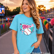 A lagoon blue short-sleeve t-shirt featuring a graphic print with the text 