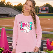 A light pink long-sleeve shirt featuring a graphic print on the chest. The design includes a white baseball with red stitching, a teal lightning bolt, pink stars, and a teal pennant flag with the text 