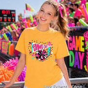 A citrus yellow short-sleeve t-shirt featuring a graphic print with the text 