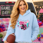 A light blue hooded sweatshirt featuring a graphic print with the text 