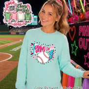 A light mint green crewneck sweatshirt featuring a graphic print on the chest. The design includes a white pennant flag with the text GAME DAY in pink, a white baseball with red stitching, a blue lightning bolt, and pink stars.