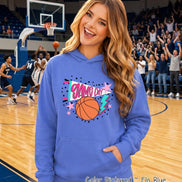 A flo blue hooded sweatshirt featuring a graphic print on the front. The design includes a white pennant flag with the text 