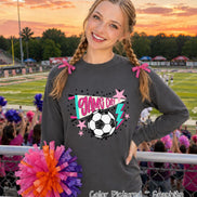 A charcoal gray long-sleeve sweatshirt featuring a graphic print with the text 