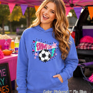 A flo blue hooded sweatshirt featuring a graphic print on the front. The design includes a white pennant with the text GAME DAY in pink, a black and white soccer ball, and decorative pink stars and a blue lightning bolt graphic.