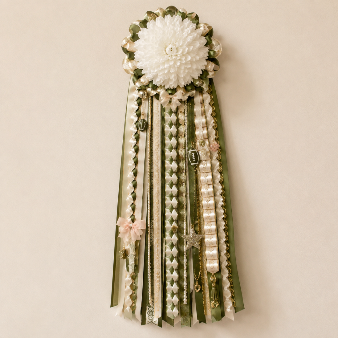 Handmade boys homecoming mum garter in sage cream and gold