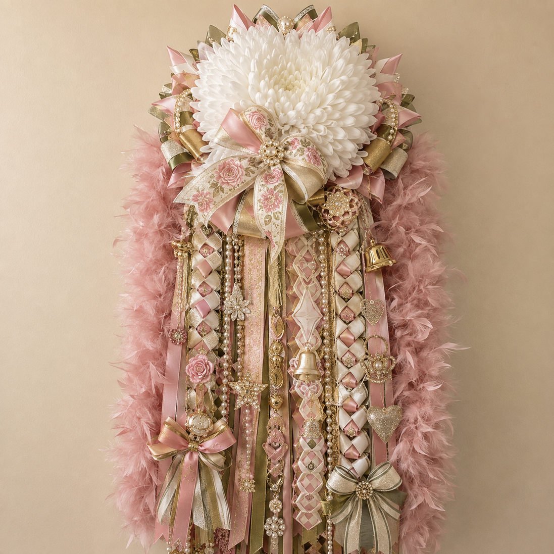 Handmade full size homecoming mum in soft pink cream gold and sage