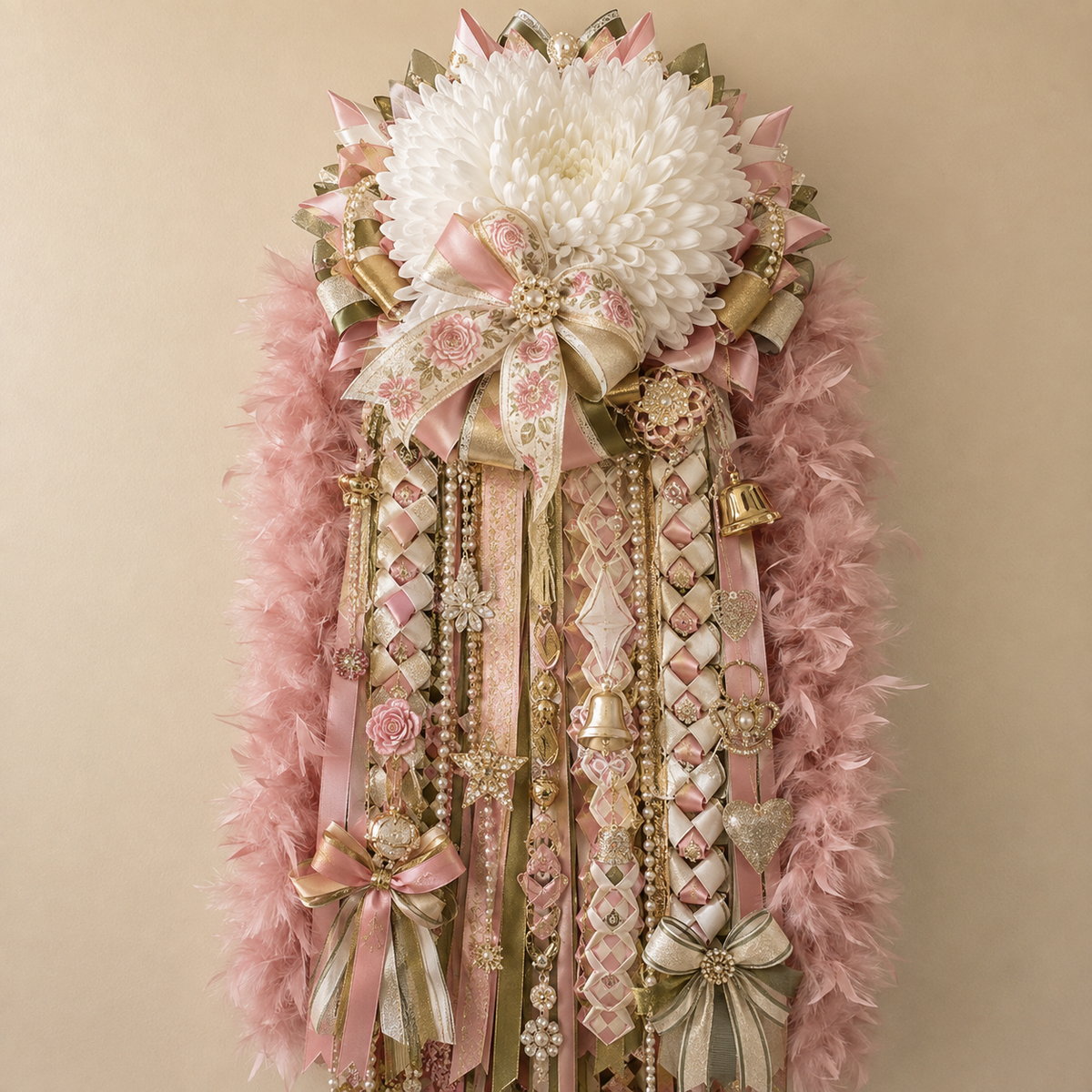 Handmade full size homecoming mum in soft pink cream gold and sage