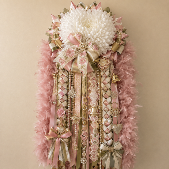 Handmade full size homecoming mum in soft pink cream gold and sage