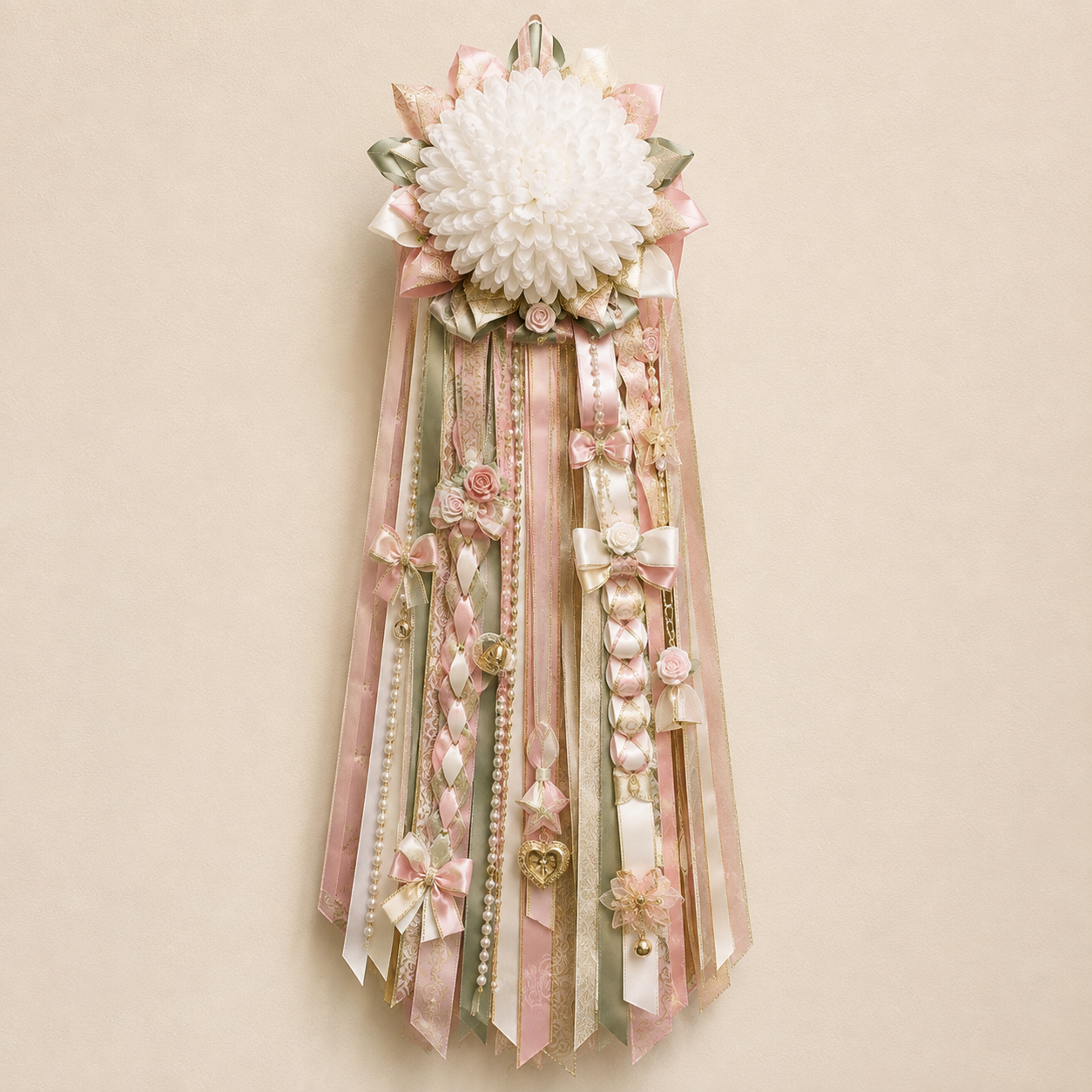 Handmade youth homecoming mum and garter in soft boutique colors
