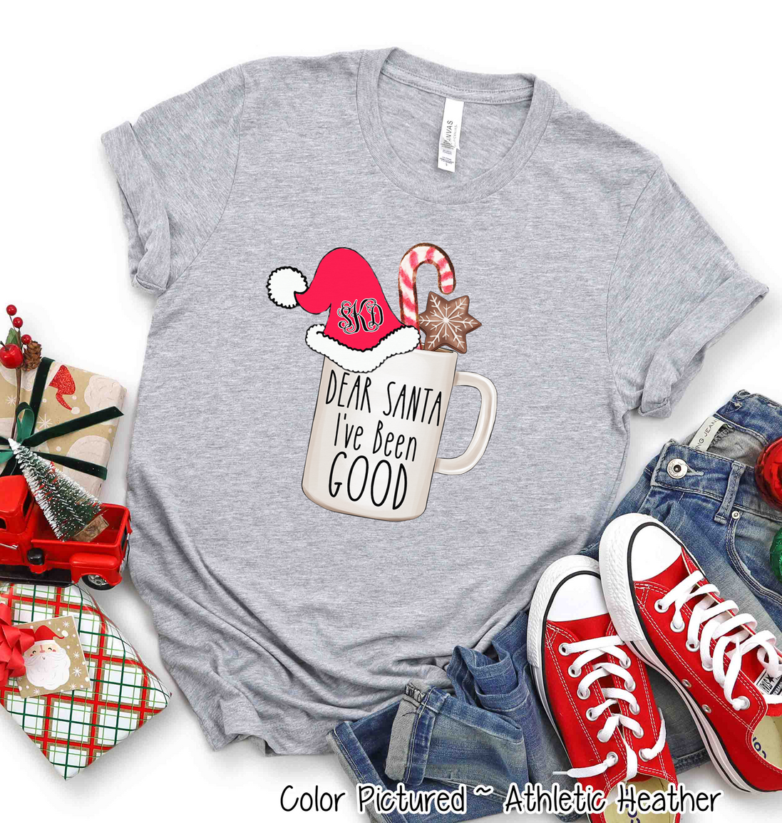 Monogram Coffee Cocoa Hot Chocolate Dear Santa I've Been Good Christmas Tee