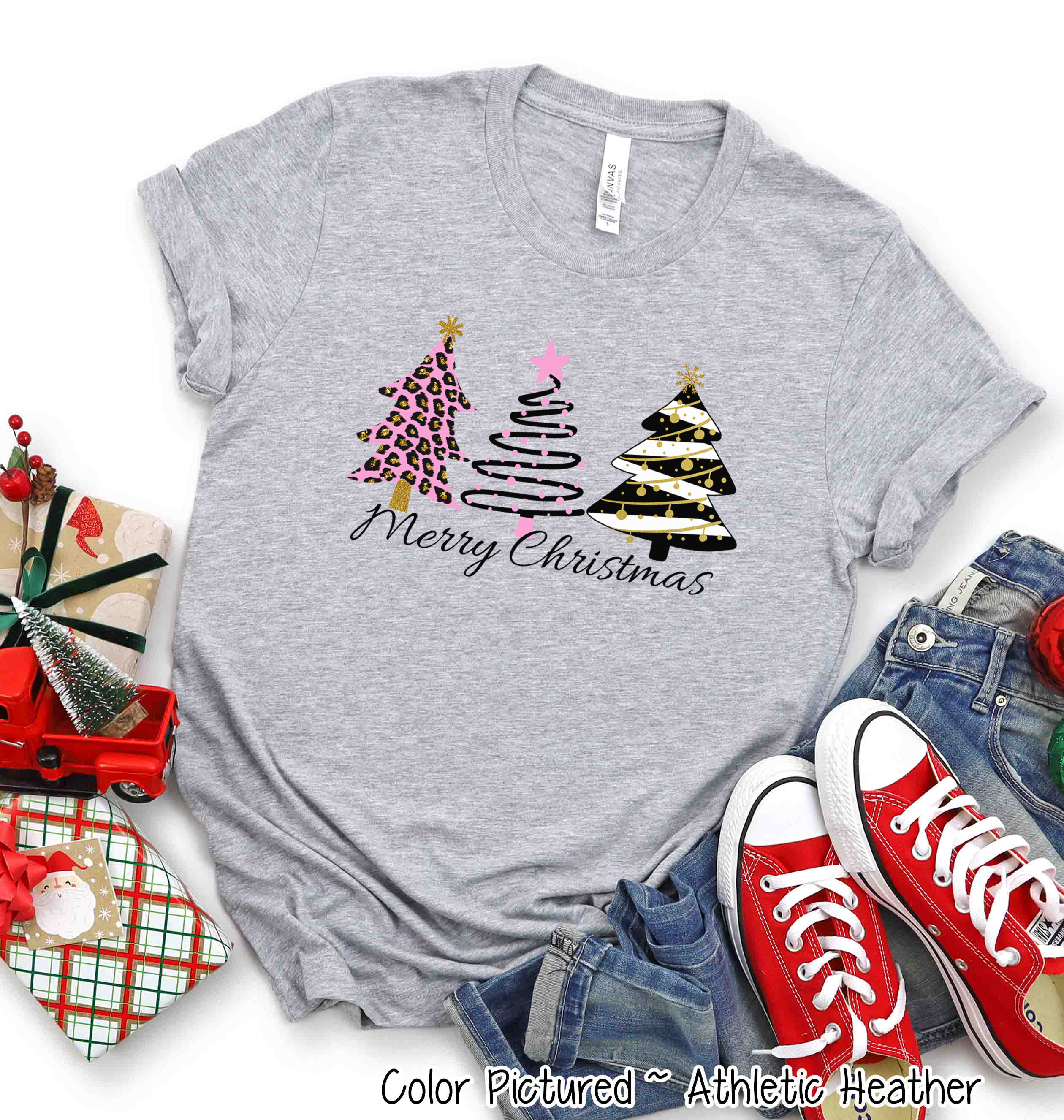 Modern Pink Black Gold Leopard Merry Christmas Tree Tee