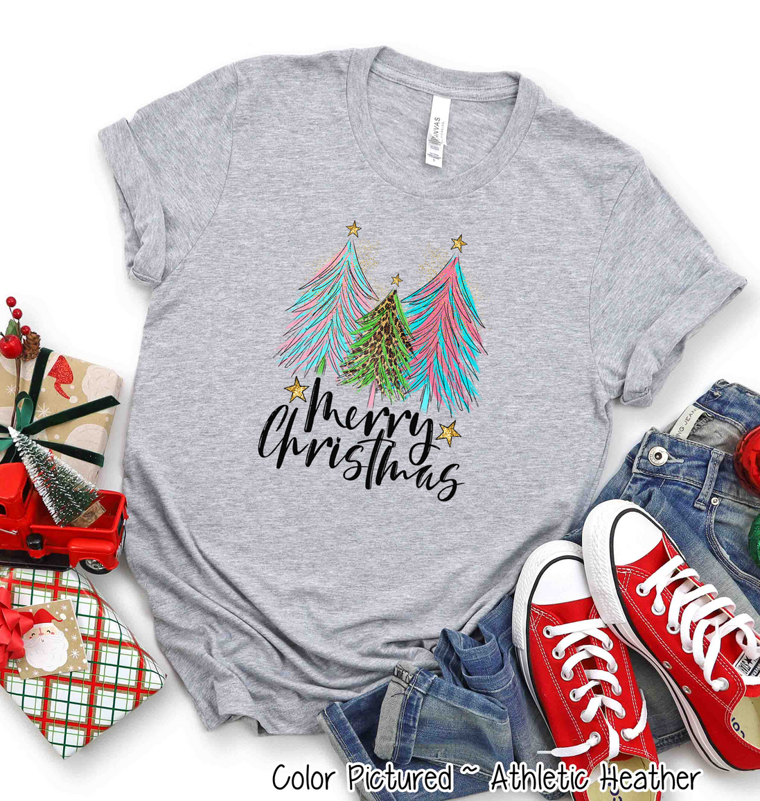 Merry Christmas Pink Blue Leopard Christmas Tree Tee