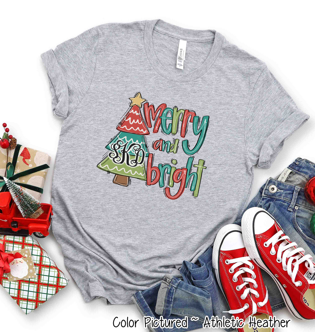 Monogrammed Merry & Bright Christmas Tree Tee