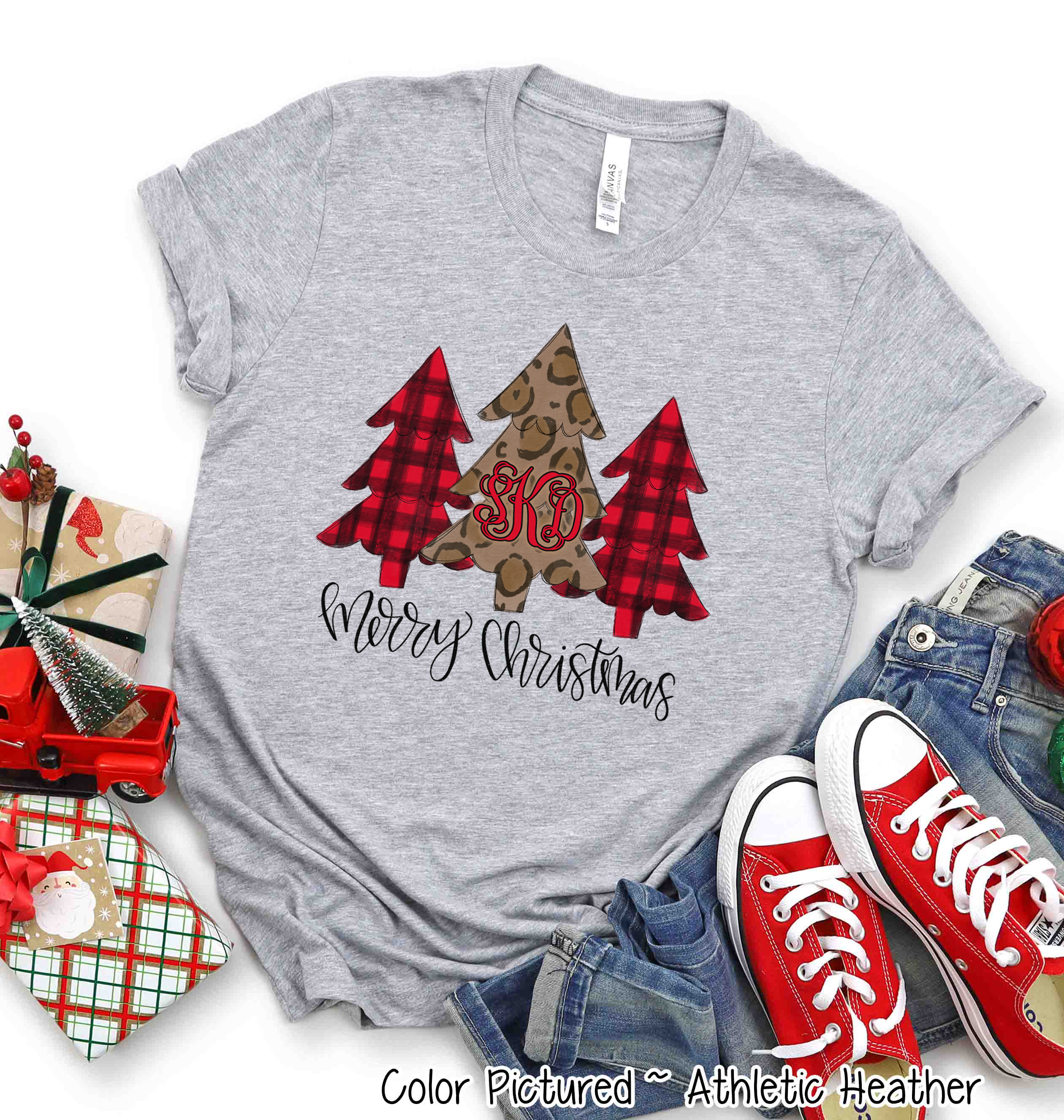 Monogrammed Red Buffalo Plaid and Leopard Christmas Trees Tee