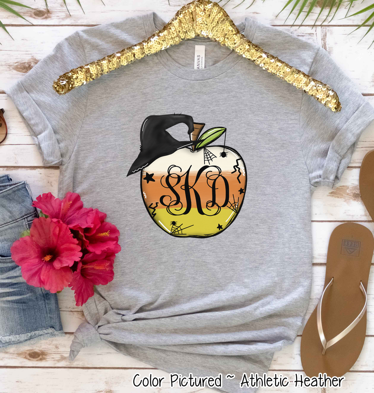 Monogramed Candy Corn Apple Halloween Teacher Tee