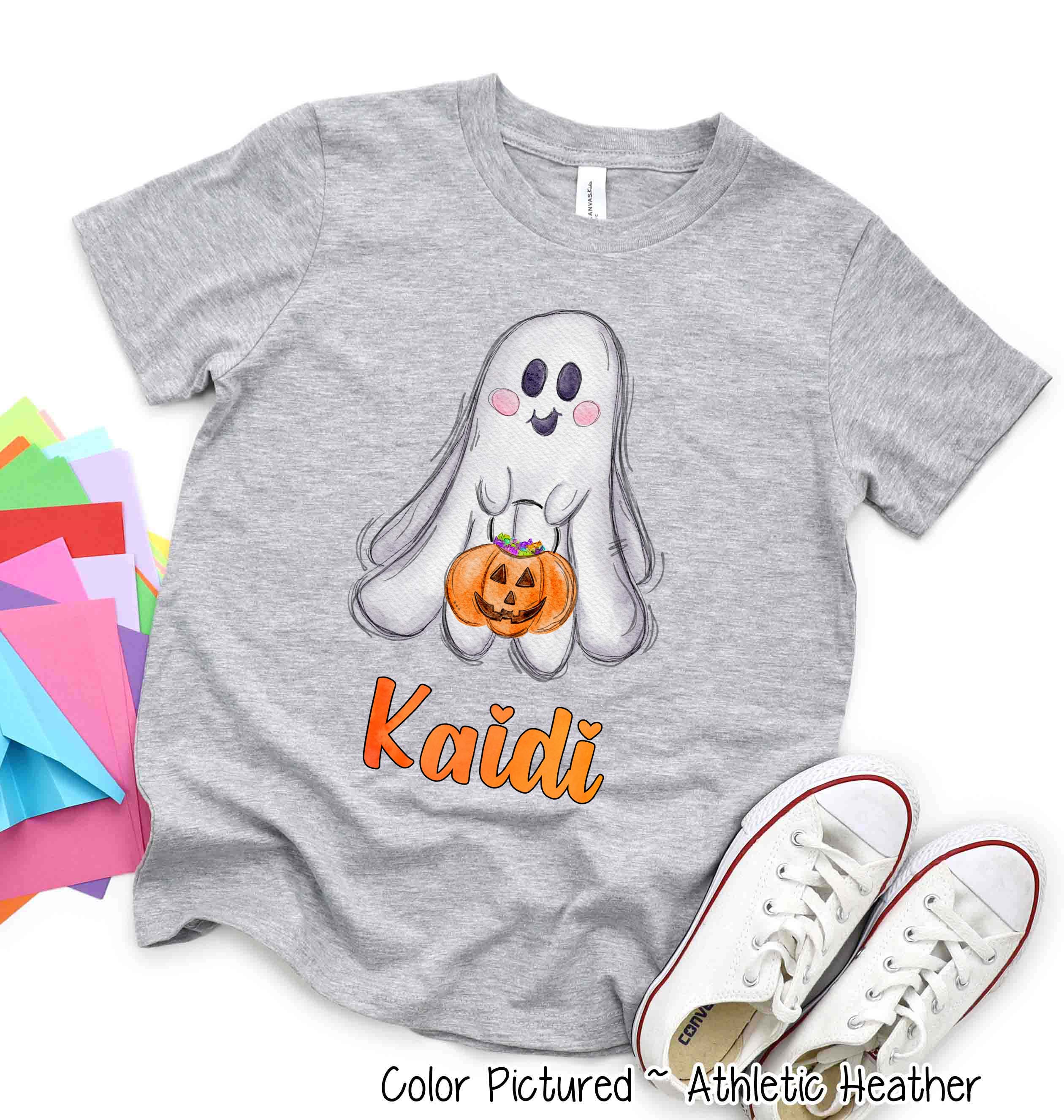 Personalized Ghost with Candy Pumpkin with Custom Name Halloween Tee