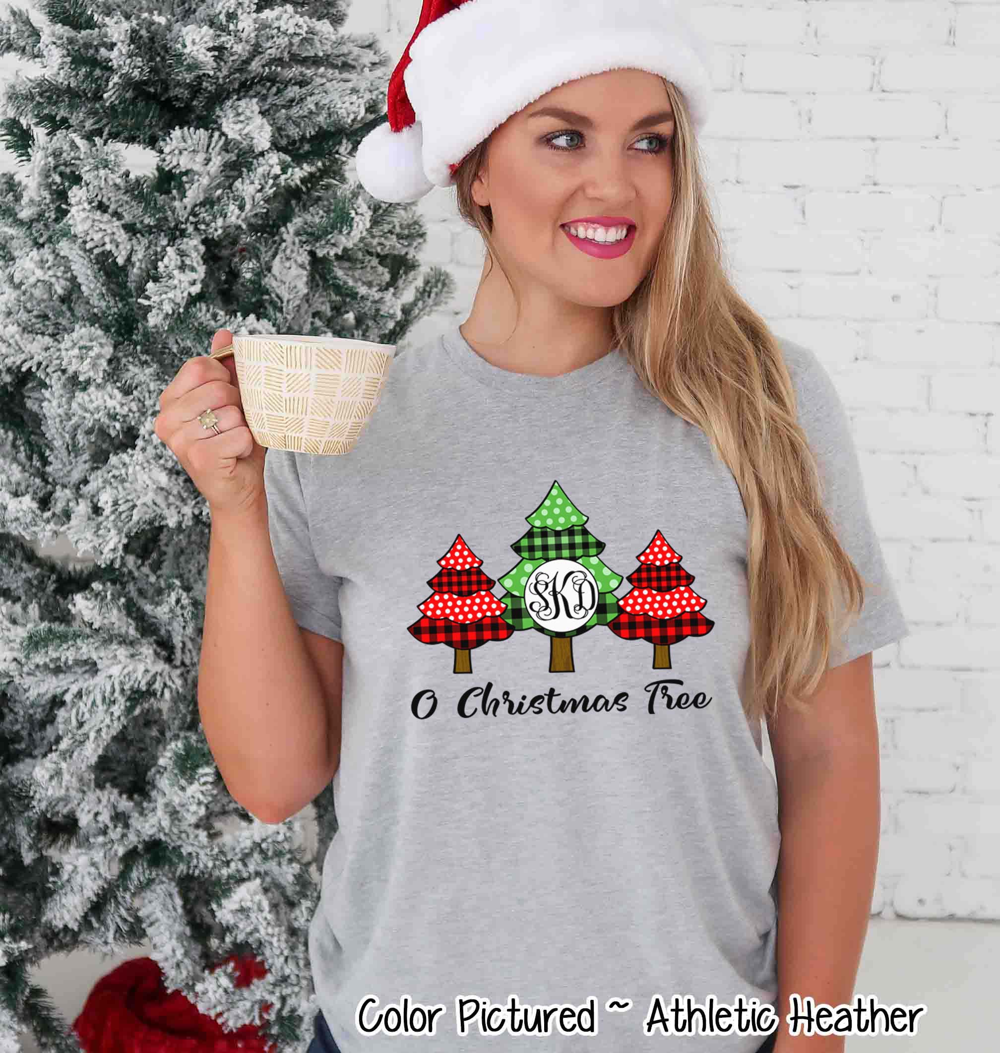 Monogrammed Red Green Plaid Christmas Tree Trio Tee