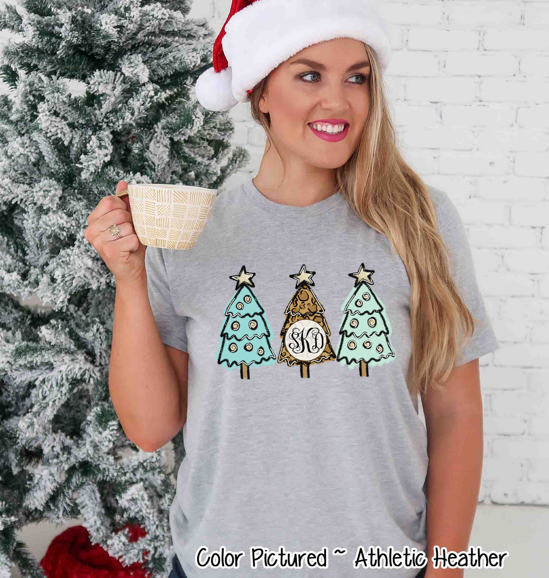 Monogrammed Leopard Print & Blue Christmas Tree Tee
