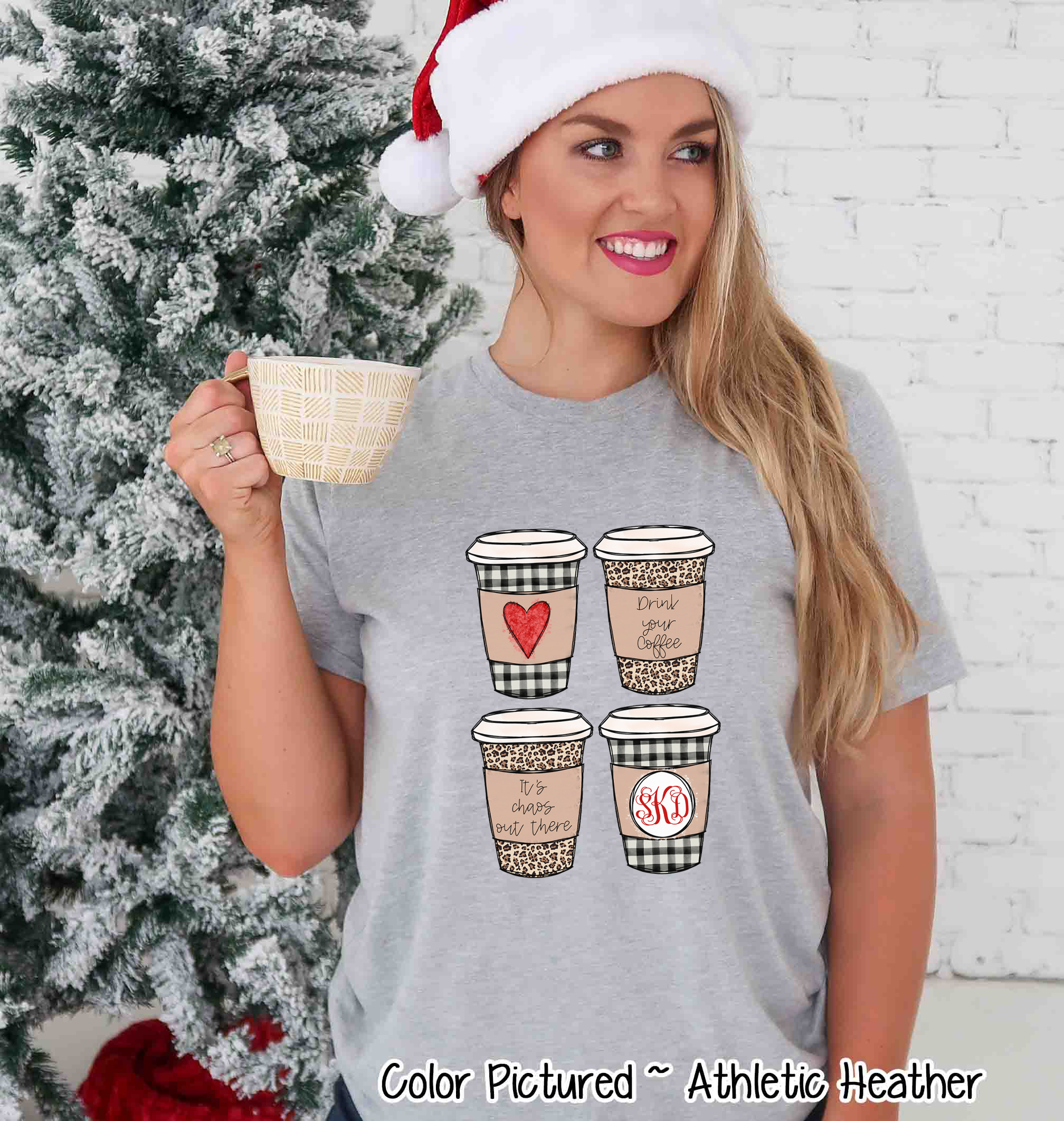 Monogrammed Leopard and Plaid Coffe Cup Christmas Tee