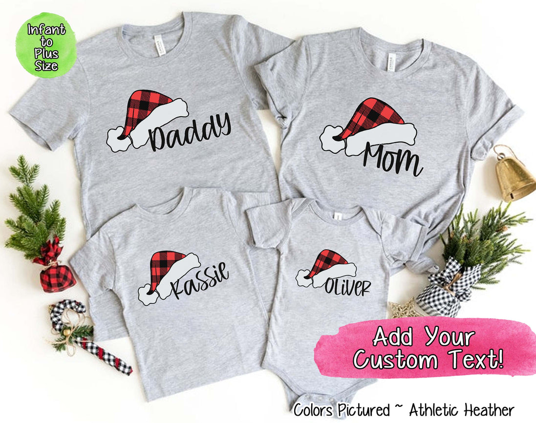 Personalized Family Matching Group Buffalo Plaid Santa Hat Tee