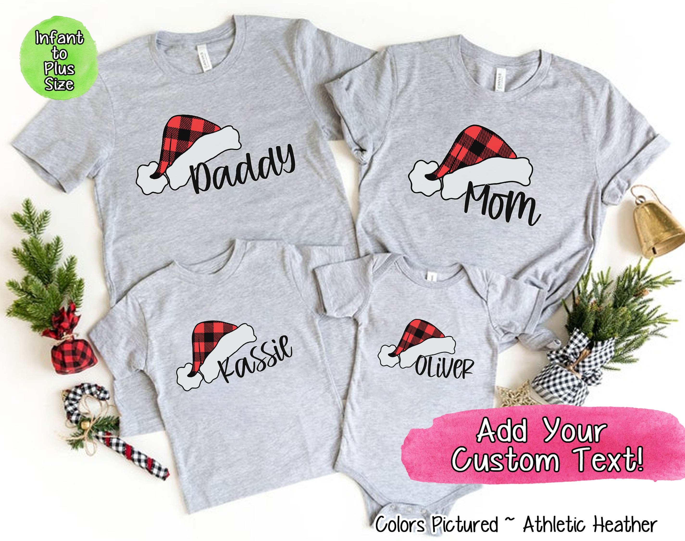 Personalized Family Matching Group Buffalo Plaid Santa Hat Tee