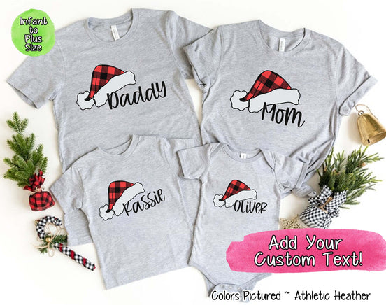 Personalized Family Matching Group Buffalo Plaid Santa Hat Tee