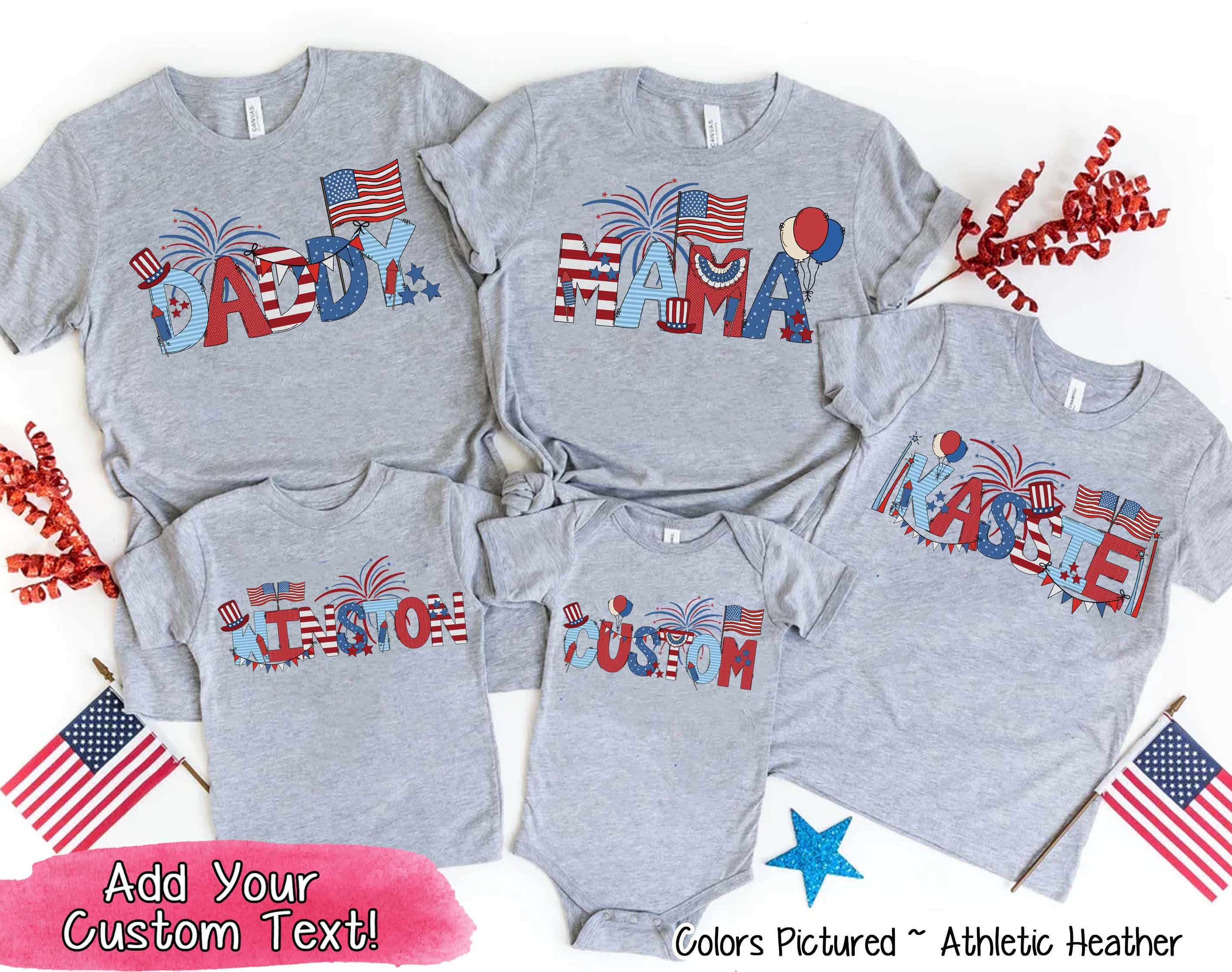 Patriotic Red White Blue Doodle Custom Family Matching Name Tee