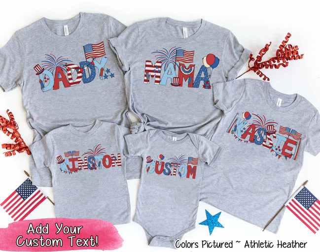 Patriotic Red White Blue Doodle Custom Family Matching Name Tee