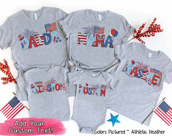 Patriotic Red White Blue Doodle Custom Family Matching Name Tee