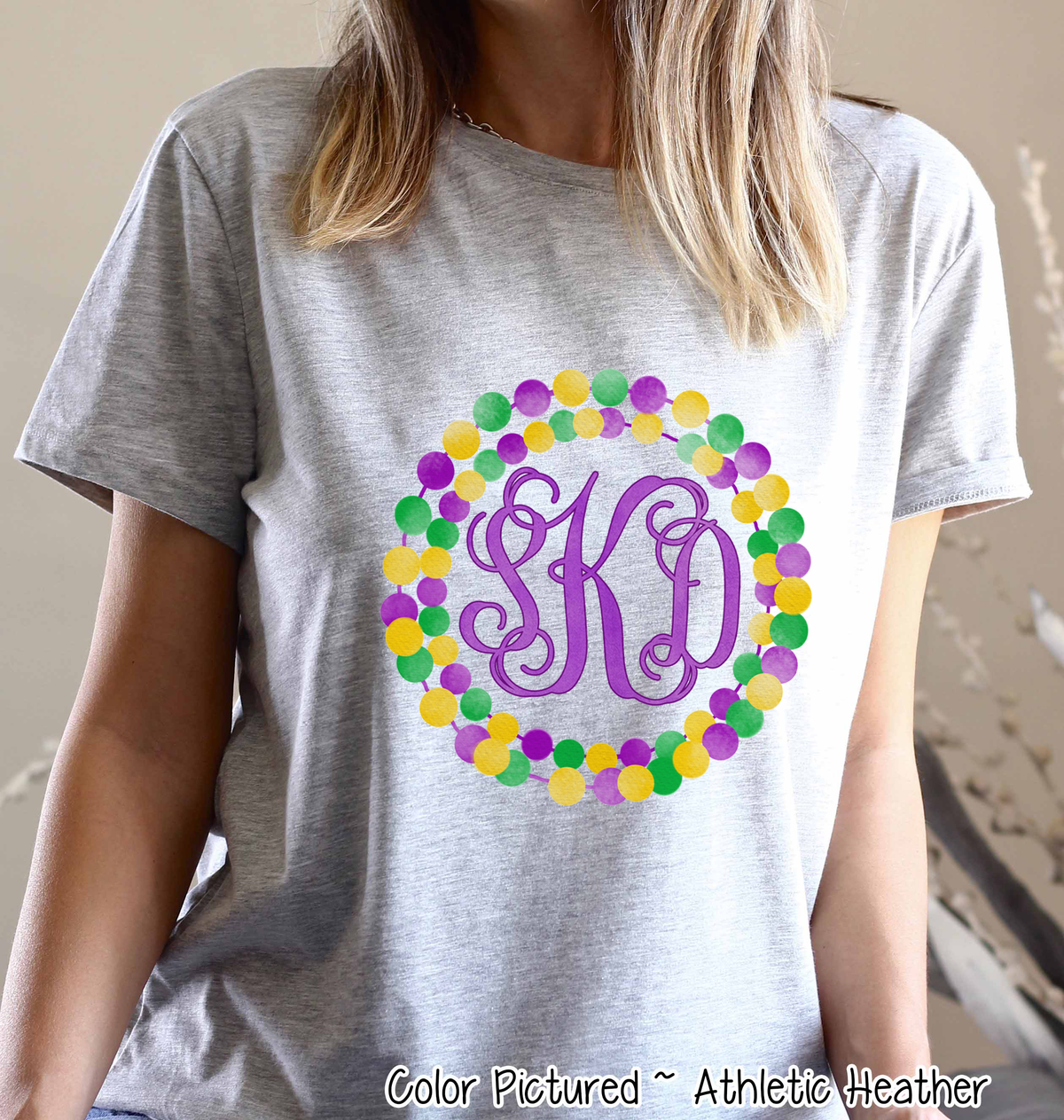 Monogram Mardi Gras Beads Wreath Tee