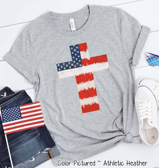 Watercolor American Flag Cross Tee