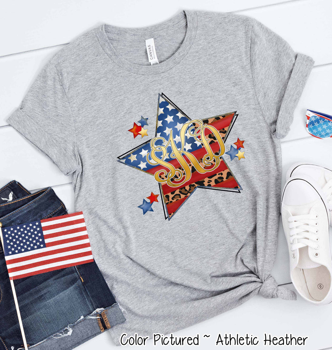 Patriotic Flag Star with Leopard Accents and Monogram Tee