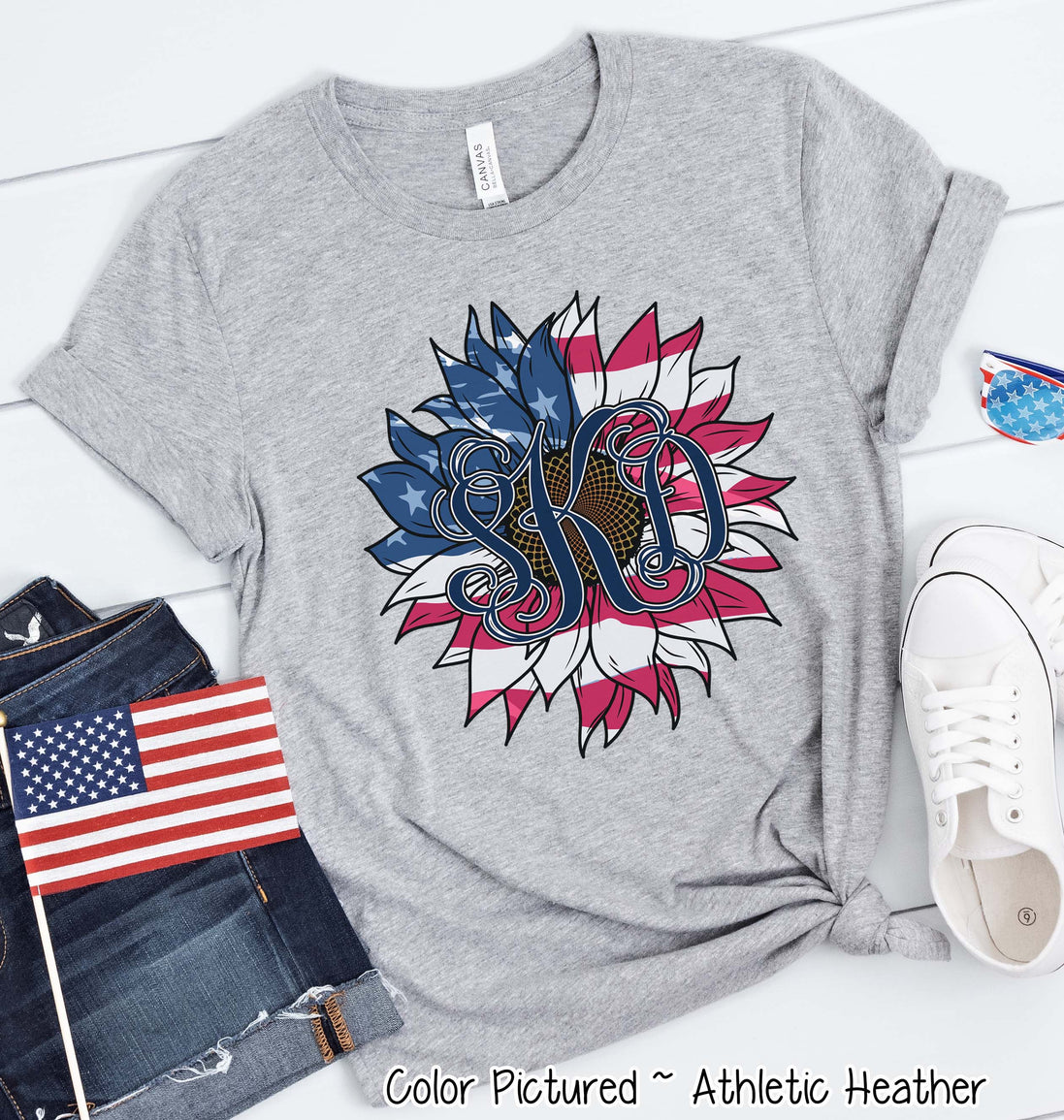 Patriotic Red White & Blue Sunflower Monogram Tee