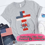 Watercolor American Flag Cross with Monogram Tee