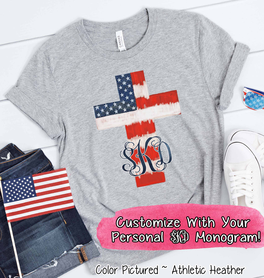 Watercolor American Flag Cross with Monogram Tee