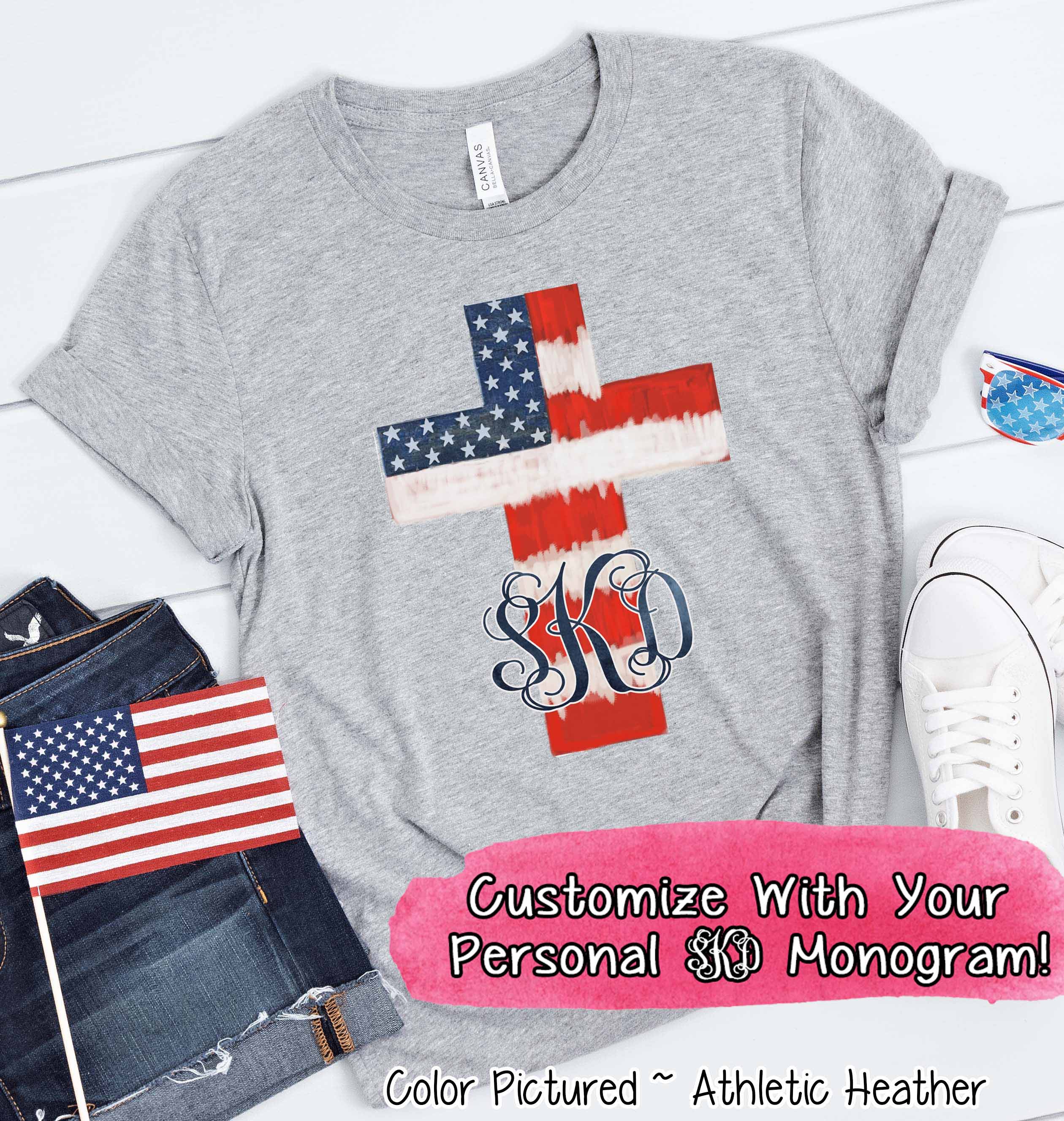 Watercolor American Flag Cross with Monogram Tee