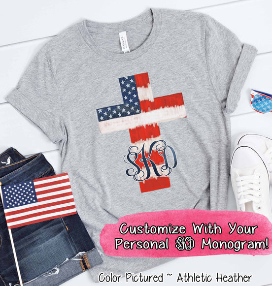 Watercolor American Flag Cross with Monogram Tee