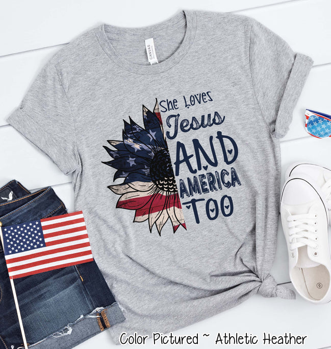 She Loves Jesus & America Too Patriotic Sunflower Tee
