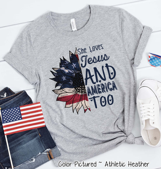 She Loves Jesus & America Too Patriotic Sunflower Tee